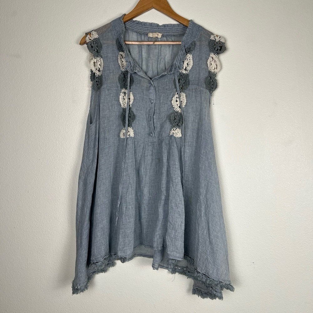 Ryu Blouse Womens Size XL Light Blue Sleeveless Crochet Lace Button Front Boho